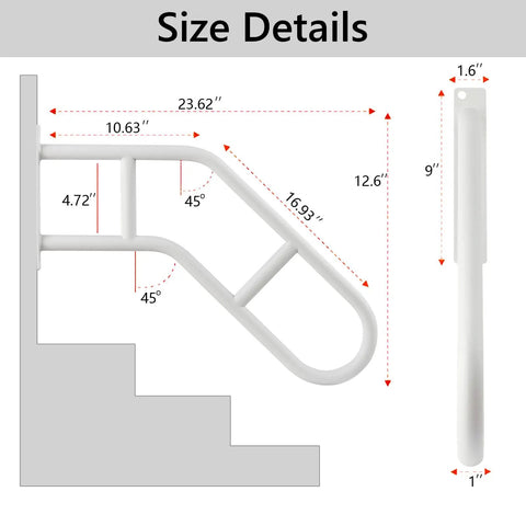 Heavy Duty Solid As A Nail U Shape Hand Rails For Outdoor Steps And Elderly Safety Rated Up To Eight Hundred Pounds size diagram