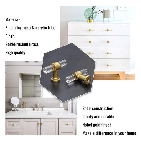 Snazzy Clear Acrylic Cabinet Knobs 20 Pack With Gold Finish for kitchen cabinets and dressers, zinc alloy base, installation guide