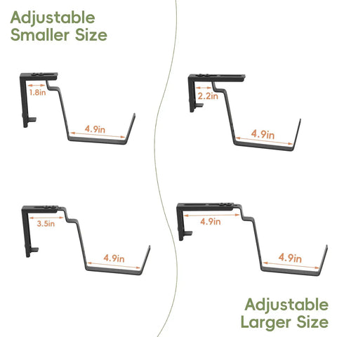 Adjustable sizes of brackets for Three Tier Vertical Hanging Railing Planter Box, showing dimensions for versatility.