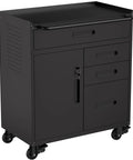 30 Inch Black Steel Tool Storage Cabinet Featuring Secure Compartments And Pegboard Panels Plus Heavy Duty Locking Casters For Slick Garage Organization And Tight Workshop Setup with drawers and wheels.