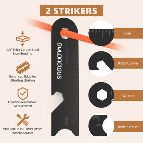 Beast Fire Starter Survival Kit With Four Ferro Rods In 4 Inch, 3.2 Inch And Two 2.4 Inch Sizes, Two Strikers, multi-tool features
