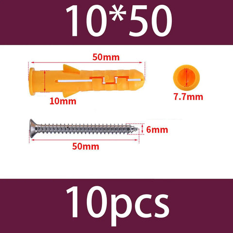 Yellow Plastic Wall Anchor Kit With 304 Stainless Self Tapping Screws 10mm diameter 50mm length, 10 pieces, labeled measurements