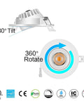 4 Pack 4 Inch Gimbal LED Recessed Light With 3 CCTs 2700K 3000K 4000K 12W 100W Eqv IC Rated 1000 Lumen Kickin Bright CRI 90 Plus Dimmable Eyeball Rotatable Downlight Fixture showing 30° tilt and 360° rotation.