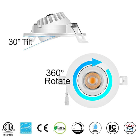4 Pack 4 Inch Gimbal LED Recessed Light With 3 CCTs 2700K 3000K 4000K 12W 100W Eqv IC Rated 1000 Lumen Kickin Bright CRI 90 Plus Dimmable Eyeball Rotatable Downlight Fixture showing 30° tilt and 360° rotation.