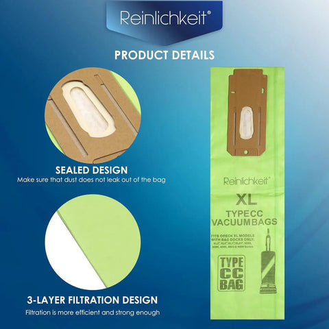 Product details image showing sealed and 3-layer filtration design of Eight Pack Of Vacuum Bags For XL Upright Vacuums Compatible With XL7 XL21 And 2000s 3000s 4000s 8000s 9000s Series Micro Lined For Superior Filtration And Cleaner Air.