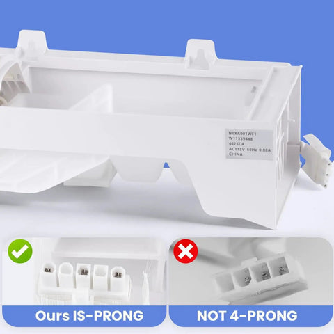 Ice Maker Assembly W10873791 for Refrigerators white plastic module with 3-prong connector and side label