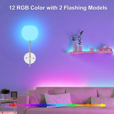 Chrome Battery Operated Wall Sconces Set of 2, Rechargeable Wireless Wall Lights with Milky White Frosted Glass, 12 RGB and 3CCT Dimmable in a cozy living room setting.
