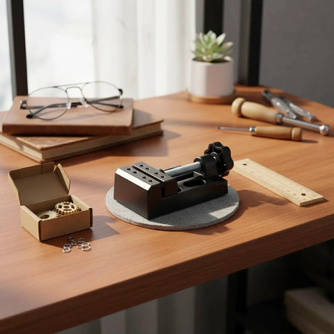 Compact Aluminum Alloy Bench Vise Clamp for Precision Crafts on a workspace, securely holding small parts for DIY projects.