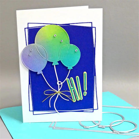 Greeting card with balloons and "HI!" using Shadow 26 Capital Letters Metal Cutting Dies For Card Making Kit With Embossing Die Cuts.