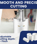 Knockdown Inside Pipe Cutter Kit For Cordless Drills shown cutting PVC pipe with adjustable depth of 0-7 inches.