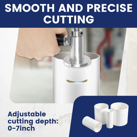 Knockdown Inside Pipe Cutter Kit For Cordless Drills shown cutting PVC pipe with adjustable depth of 0-7 inches.