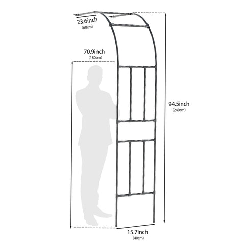 Diagram showing dimensions of Half Garden Arch Trellis For Climbing Plants Outdoor Metal Garden Arbor Built Tough For Patio Or Backyard Large Black Archway Decoration Measuring 23.6 Inches Wide By 94.5 Inches Tall Easy Setup And Stable Support