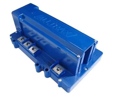 Blue Badass 500 Amp Motor Controller For Club Car IQ Golf Carts, 36 To 48 Volt Regen Drive, side view with connectors.