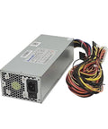 Beefy 600W Industrial Power Supply for 2U Server Racks, Max Output, High Efficiency, Low Noise Cooling, Rugged PSU Built for Enterprise Servers and Data Rooms front view with cables