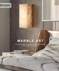 Square Marble Wall Lamp With Wood And Stone Shade, Vintage Vanity Light for Bedroom, Modern Rustic Glow on Wall