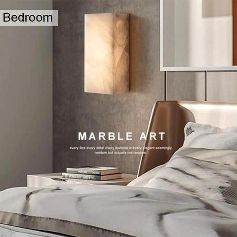 Square Marble Wall Lamp With Wood And Stone Shade, Vintage Vanity Light for Bedroom, Modern Rustic Glow on Wall