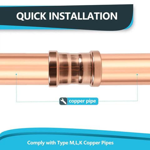 5 Pack 4 Inch Press Fit Copper Xl Coupling With Stop Dead Straight Fit Leak Proof Plumbing Parts For Copper Pipe Built Heavy Duty Corrosion Resistant No Sweat Install Locks Down Tight Reliable showing quick install feature on copper pipe.