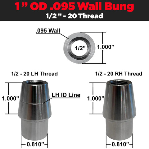 Right Hand Thread 1/2 Inch Heim Joint Rod End Kit For 1 Inch OD Chromoly With Jam Nut Bung And Spacers For Suspension And Steering UTV Rock Crawler Hot Rod Johnny Joint. 1/2-20 RH and LH bung dimensions