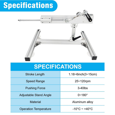 JQDML 24V reciprocating linear actuator with adjustable stand and suction cup on aluminum frame front view