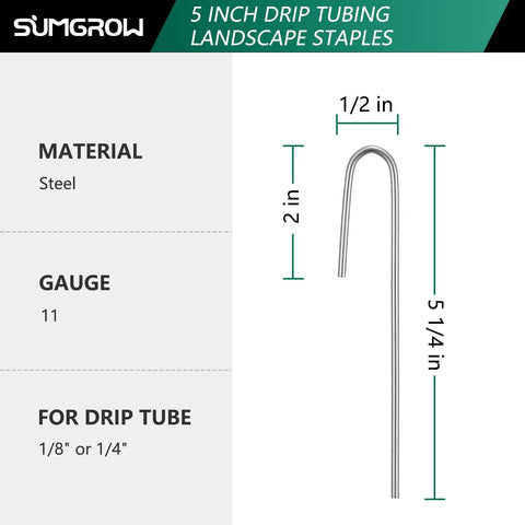 Diagram showing dimensions of 120 Pack Drip Tubing Stakes 5 Inch Galvanized Steel Landscape Staples For One Quarter Inch Or One Eighth Inch Tubing