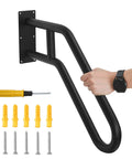 Person holding U Shaped Wall Mount Handrail For Indoor And Outdoor Steps One Piece Durable Black Metal Grab Bar with installation tools
