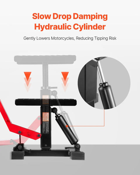 Side view of Dirt Bike Lift Stand With 1200Lb Capacity, Hydraulic Motorcycle Jack featuring slow drop damping hydraulic cylinder.