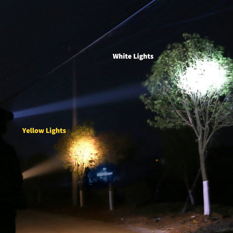 White and yellow light beams from Rechargeable LED Headlamp With External Battery Pack, 3 Lighting Modes, illuminating trees at night