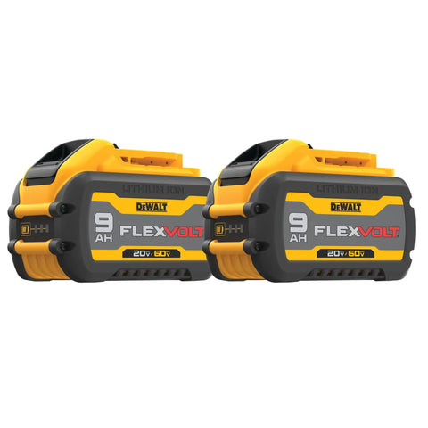 FLEXVOLT 20V/60V MAX Battery Pack 9.0 Ah Two-Pack for Power Tools with yellow and black design, side view.