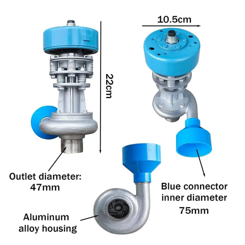 Compact 500W Micro Hydroelectric Generator With Copper Core Coil, 220V Portable Water Turbine, aluminum and blue design, dimensions shown.