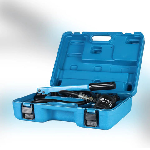Hydraulic Knockout Punch Set 10 Ton For Electrical Conduit Holes With Six Dies in blue carry case, open view with tools inside