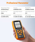 Person holding Handheld Manometer Gas Pressure Tester for HVAC Pros and DIYers with digital display and specifications.