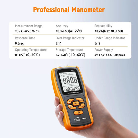 Person holding Handheld Manometer Gas Pressure Tester for HVAC Pros and DIYers with digital display and specifications.