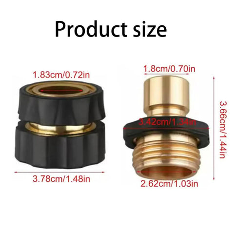 Awesome 3/4 Inch Quick Connector Fitting For Garden Hose Repairs, Leak Proof Washer Adapter Coupler Fits Faucets Sprayers And Pressure Washers Like A Charm. Product size image of black and brass hose adapter, 1.83 cm wide