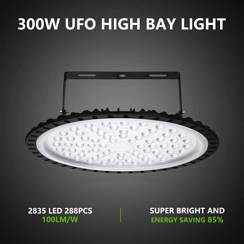 10 Pack 300W UFO LED High Bay Lights Daylight White 6500K Ultra Thin Industrial Warehouse Lighting IP65 Waterproof For Garage Shop And Commercial Areas Beast Bright 30000 Lumens, front view