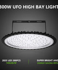 300W UFO LED high bay light for warehouse with black mounting bracket and visible LED array, focus keyword: 5 Pack 300W UFO LED High Bay Lights for Warehouse and Workshop, 30,000 Lumens, 6500K Daylight White, IP65 Waterproof Bay Lighting for Garage, Barn, and Wet Locations, Durable Commercial Grade Weatherproof Indoor Outdoor Lighting.