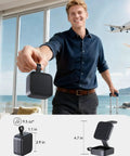 All-In-One MagSafe Wireless Charging Station for iPhone, Apple Watch, and AirPods Pro - Foldable Travel Stand shown held by man with suitcase.