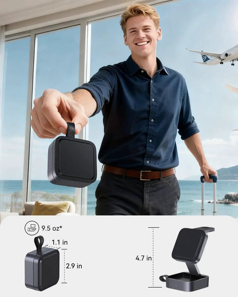 All-In-One MagSafe Wireless Charging Station for iPhone, Apple Watch, and AirPods Pro - Foldable Travel Stand shown held by man with suitcase.