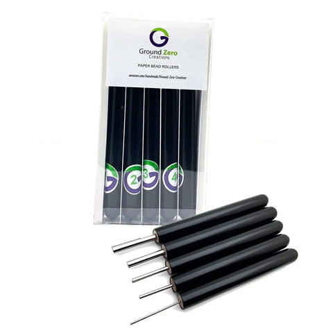 Slotted Paper Bead Roller Quilling Tools Set with five size tips, pro grade comfort grip wooden handle, stainless steel slotted tip