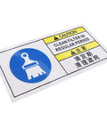 Industrial Equipment Filter Maintenance Reminder Sticker with caution symbol and cleaning instructions in blue and yellow on white PET
