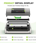Pro Grade Heavy Duty Food Vacuum Sealer With Easy Lock Handle Built In Cutter And Bag Clip Storage Fast 135W Suction detail display
