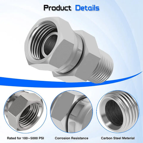 3/8 NPTF Male To 1/4 NPSM Female Hydraulic Swivel Adapter With 360 Degree Swivel, Easy Alignment, No Hose Kinks, Tight Space Ready, Heavy Duty Fluid Transfer Connection, carbon steel