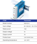 Rock Solid Din Rail Mount Industrial Power Supply 5V 3A 20W DC Transformer UL Certified dimensions and specifications for automation.