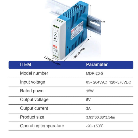 Rock Solid Din Rail Mount Industrial Power Supply 5V 3A 20W DC Transformer UL Certified dimensions and specifications for automation.