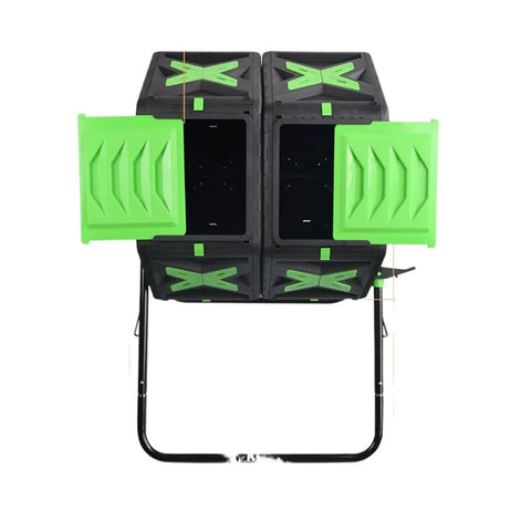 Outdoor 140L Dual Chamber Rotary Compost Bin For Backyard Garden Waste Transforming Kitchen Scraps Into Rich Fertilizer, Durable Plastic Steel Construction, Easy Turn Tumbler For Fast Eco Friendly Composting with visible green chambers