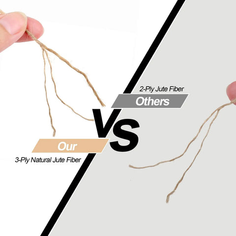 Comparison between 3-ply and 2-ply jute fibers; 3-ply on left, labeled 'Our', 2-ply on right, labeled 'Others'. Natural Jute Twine 984 Ft Three Roll Pack Super Handy All Purpose Hemp String For Gardening Plant Ties Gift Wrapping Art Projects Wedding Decor Packing And Bulk Use Great For Crafts And More.