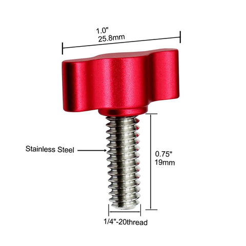 Top Shelf 4 Pack Of 1/4-20 X 3/4 Inch Stainless Steel Thumb Screws Paired With Red Adjustable Tee Wing Aluminum Knobs, showing a single red wing knob and stainless steel screw.