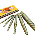 Six Piece Spiral Easy Out Screw Extractor Set For Removing Broken Bolts And Studs, Round Flute Design That Won’t Slip, Includes Sizes One Through Six, Heavy Duty Steel, Lifetime Warranty, Great For Auto And DIY Repairs displayed with the warranty card