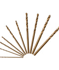 Ten Piece Cobalt Drill Bit Set For Stainless Steel And Hard Metals, Two Each Of 1mm, 1.5mm, 2mm, 2.5mm, And 3mm, arranged in fan shape