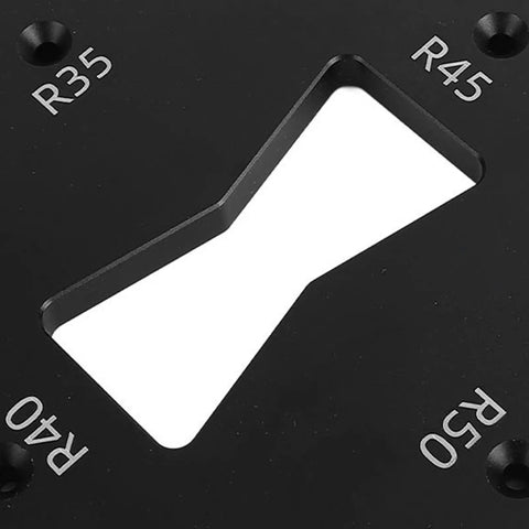 Top Shelf Aluminum Corner Radius Template Set R15 Through R50 Router Table Edge Shaper showing R35, R40, R45, R50 slots.