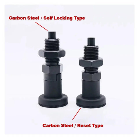Tough As Nails 2 Piece Carbon Steel Self Locking Plunger Pins With Quick Release Spring Action For Bulletproof Indexing And Rock Solid Positioning In M10 M12 M16 M20 Projects, showing self locking and reset types.
